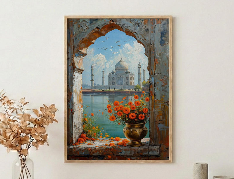 Taj Mahal Window Art Print, India Decor - Marigold Sunrise Landscape