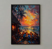 Fiji Kava Ceremony Art Print, Island Village Home Decor - Traditional Evening Gathering Summer Setting