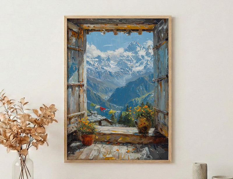 Himalayas Window Art Print, Snow Peak Decor - Prayer Flags Nepal