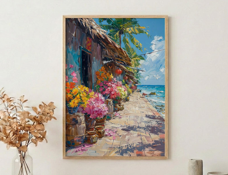 Tonga Tapa Market Town Poster, Polynesian Cloth Home Decor - Warm Cultural Town Summer Getaway
