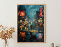 Tokyo Window Poster, Cyberpunk Neon Decor - Rainy City Ramen Bowl
