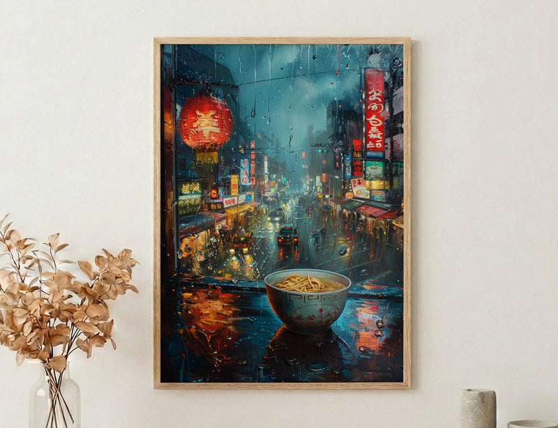 Tokyo Window Poster, Cyberpunk Neon Decor - Rainy City Ramen Bowl