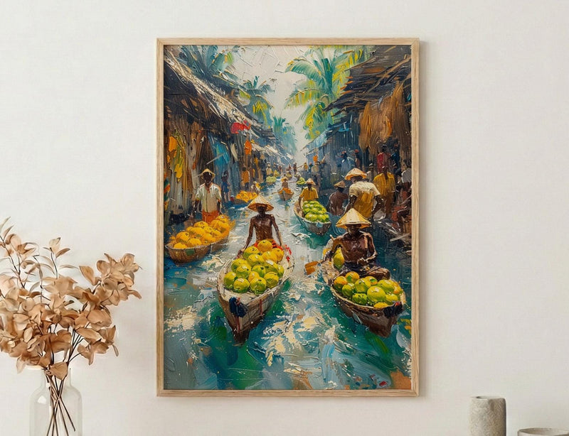 Solomon Canoe Market Coast Poster, Green Coconut Home Decor - Tropical Island Town Summer Paradise