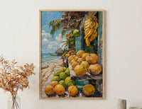 Moorea Fruit Stand Art Print, Green Coconut Home Decor - Tropical Island Town Summer Escape