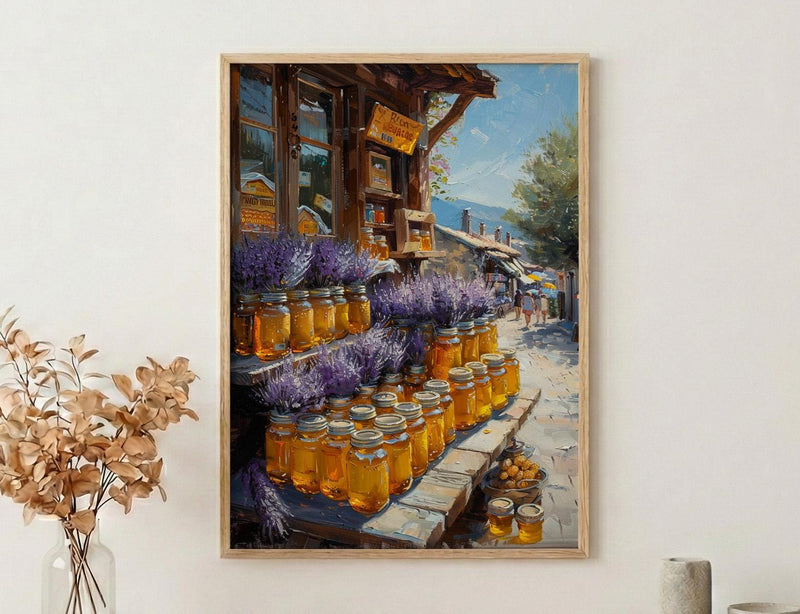 New Zealand Market Wall Art, Purple Lavender Home Decor - Golden Honey Town Summer View
