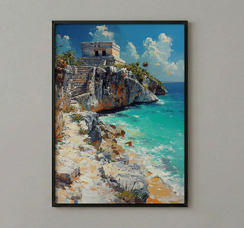 Tulum Ruins Poster, Mexico Beach Wall Decor - Mayan Stone Art