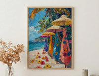Cook Islands Market Art Print, Floral Pareo Home Decor - Vibrant Tropical Town Summer Picture