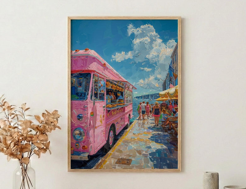 Wellington Food Truck Wall Art, Blue Ocean Home Decor - Vibrant Coast Town Summer Setting
