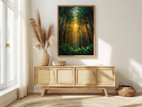 Giant Sequoia Tree Poster, Lush Green Forest Nature Decor - Golden Summer Sun Ray