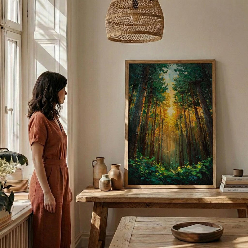 Giant Sequoia Tree Poster, Lush Green Forest Nature Decor - Golden Summer Sun Ray