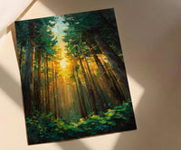 Giant Sequoia Tree Poster, Lush Green Forest Nature Decor - Golden Summer Sun Ray