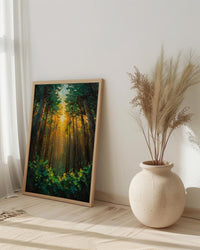 Giant Sequoia Tree Poster, Lush Green Forest Nature Decor - Golden Summer Sun Ray