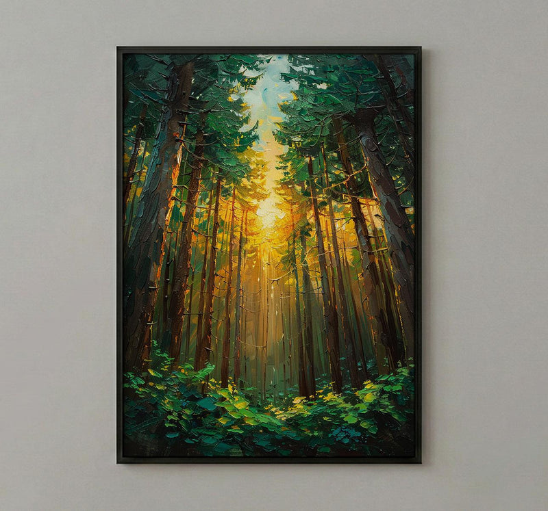 Giant Sequoia Tree Poster, Lush Green Forest Nature Decor - Golden Summer Sun Ray
