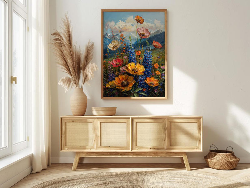 Rocky Mountain Nature Poster, Colorful Wildflower Meadow Summer Decor - Majestic Peak Landscape Art