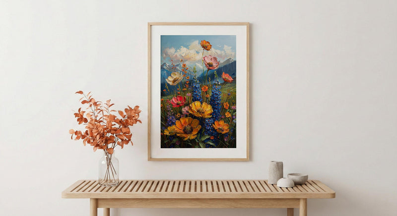 Rocky Mountain Nature Poster, Colorful Wildflower Meadow Summer Decor - Majestic Peak Landscape Art