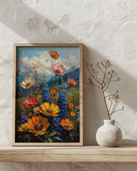 Rocky Mountain Nature Poster, Colorful Wildflower Meadow Summer Decor - Majestic Peak Landscape Art