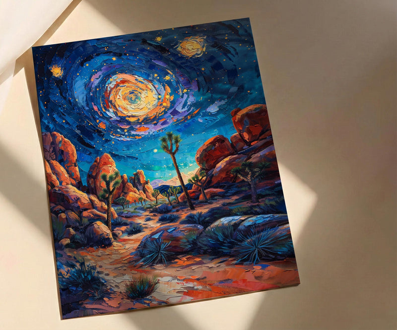 Joshua Tree Desert Wall Art, California Starlit Sky Decor - Glowing Night Nature Landscape