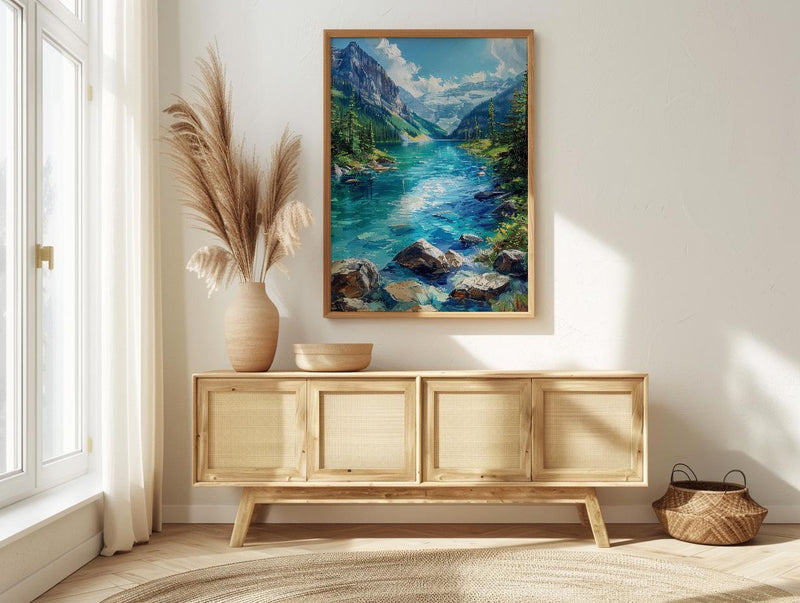 Lake Louise Canadian Rockies Poster, Emerald Green Water Decor - Bright Summer Mountain Landscape