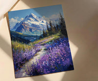 Mount Rainier Nature Art Print, Washington Wildflower Valley Decor - Purple Lupine Summer Bloom