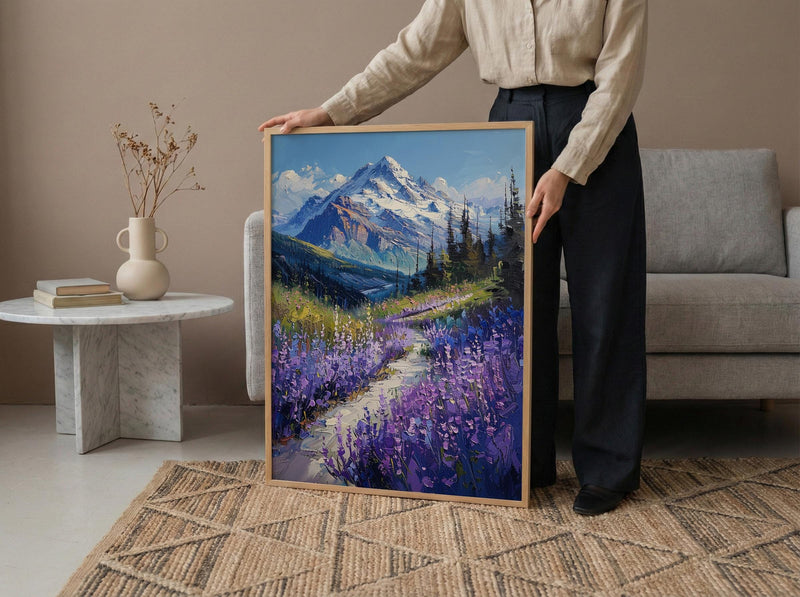 Mount Rainier Nature Art Print, Washington Wildflower Valley Decor - Purple Lupine Summer Bloom