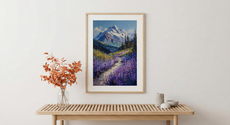 Mount Rainier Nature Art Print, Washington Wildflower Valley Decor - Purple Lupine Summer Bloom