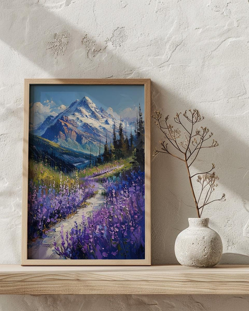 Mount Rainier Nature Art Print, Washington Wildflower Valley Decor - Purple Lupine Summer Bloom