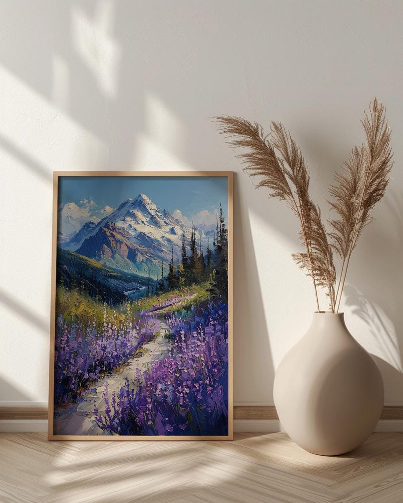 Mount Rainier Nature Art Print, Washington Wildflower Valley Decor - Purple Lupine Summer Bloom
