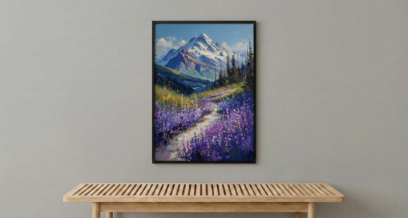 Mount Rainier Nature Art Print, Washington Wildflower Valley Decor - Purple Lupine Summer Bloom