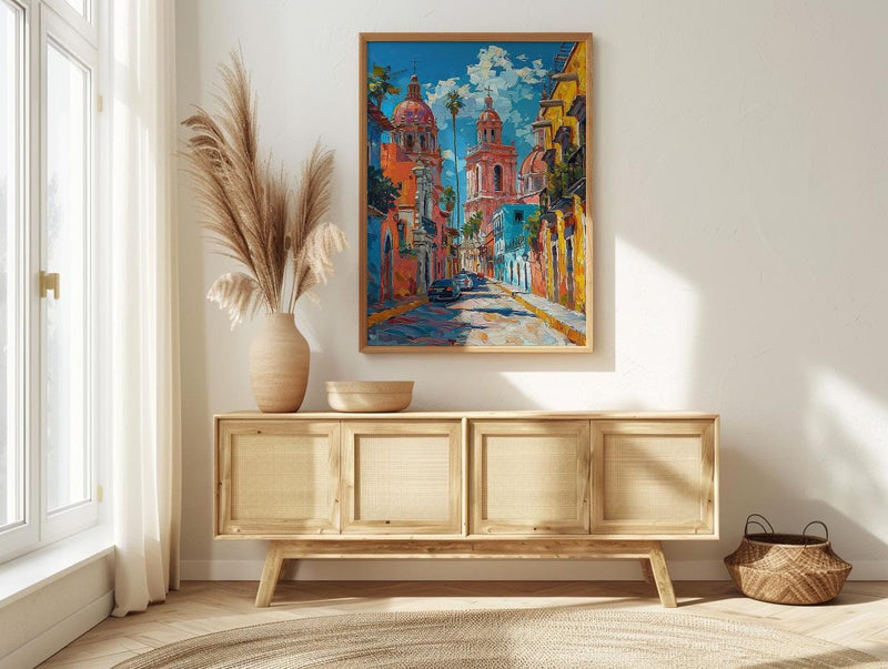 San Miguel Poster, Mexico Church Wall Decor - Pink Architecture Art