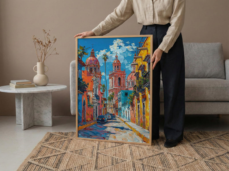 San Miguel Poster, Mexico Church Wall Decor - Pink Architecture Art