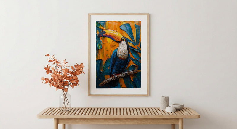 Tropical Toucan Bird Art Print, Exotic Jungle Decor - Vibrant Monstera Leaf Summer Scene