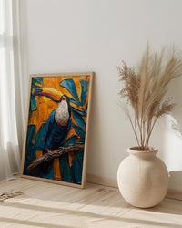 Tropical Toucan Bird Art Print, Exotic Jungle Decor - Vibrant Monstera Leaf Summer Scene