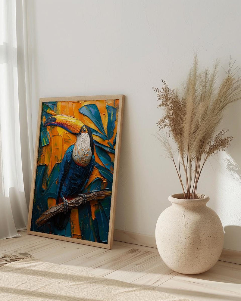 Tropical Toucan Bird Art Print, Exotic Jungle Decor - Vibrant Monstera Leaf Summer Scene