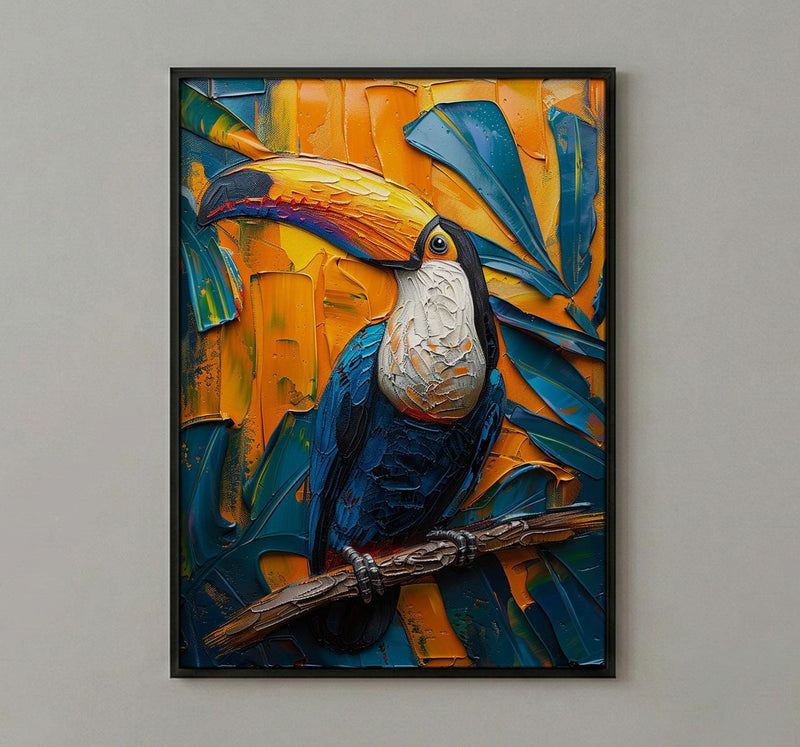 Tropical Toucan Bird Art Print, Exotic Jungle Decor - Vibrant Monstera Leaf Summer Scene