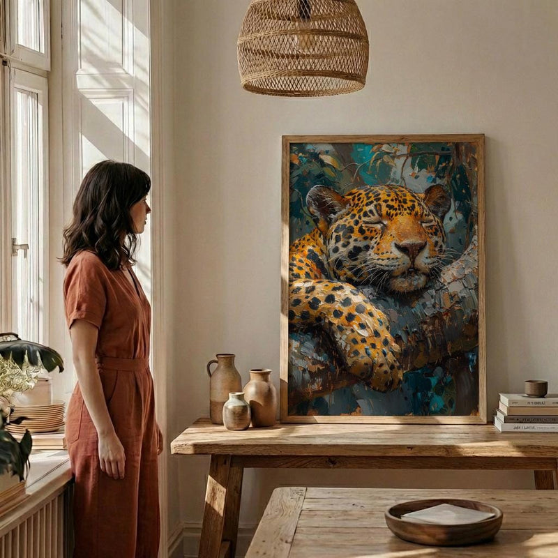 Amazon Jaguar Animal Wall Art, Exotic Jungle Decor - Golden Summer Sunbeam Nature Landscape