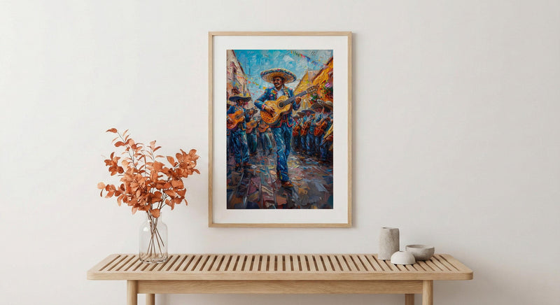 Mexico Mariachi Art Print, Sunny Plaza Decor - Traditional Band