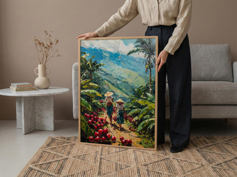 Colombia Coffee Art, Red Cherry Decor - Green Hill Landscape