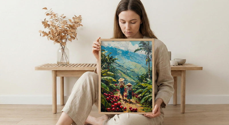 Colombia Coffee Art, Red Cherry Decor - Green Hill Landscape