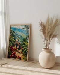 Colombia Coffee Art, Red Cherry Decor - Green Hill Landscape