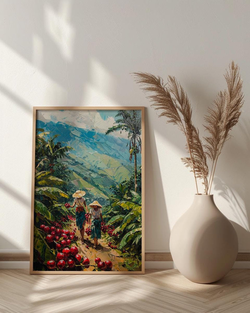 Colombia Coffee Art, Red Cherry Decor - Green Hill Landscape