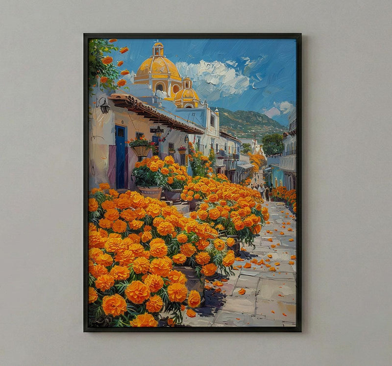 Oaxaca Flower Market Art Print, Orange Marigold Decor - Mexico Street