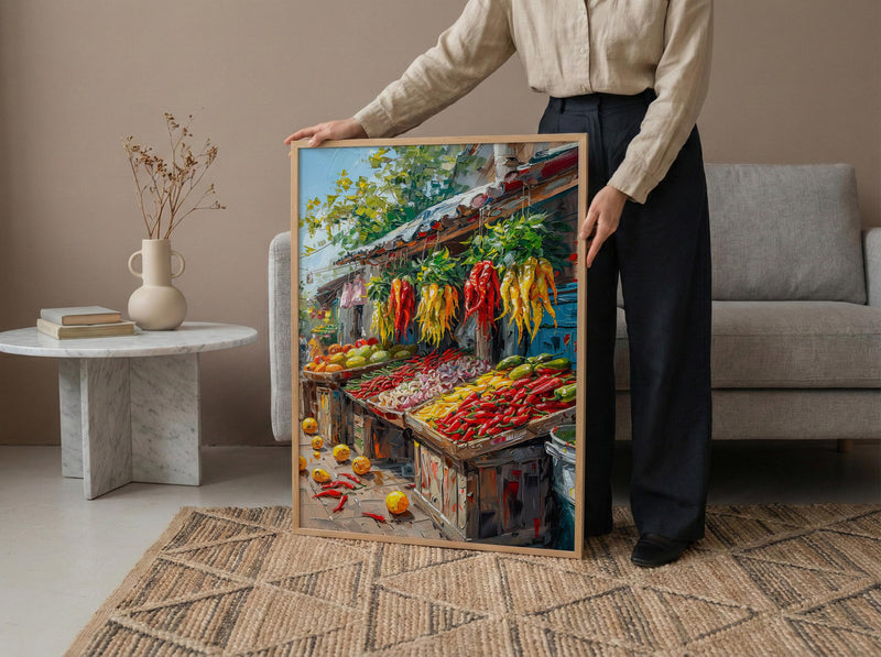 Lima Peru Market Art Print, Red Aji Pepper Decor - Vibrant Food Stall