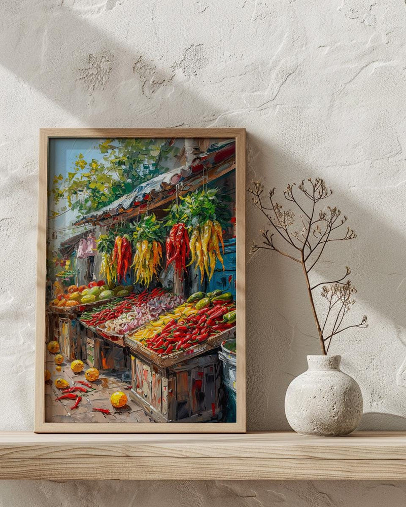 Lima Peru Market Art Print, Red Aji Pepper Decor - Vibrant Food Stall