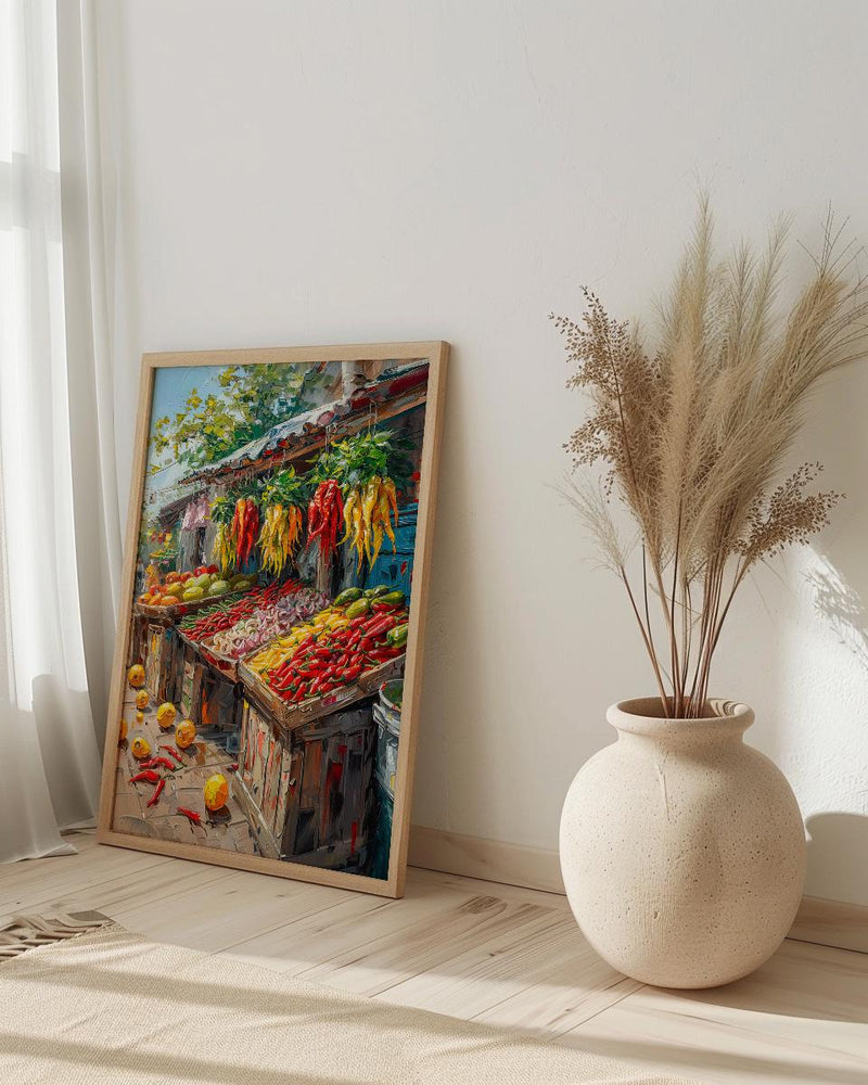 Lima Peru Market Art Print, Red Aji Pepper Decor - Vibrant Food Stall