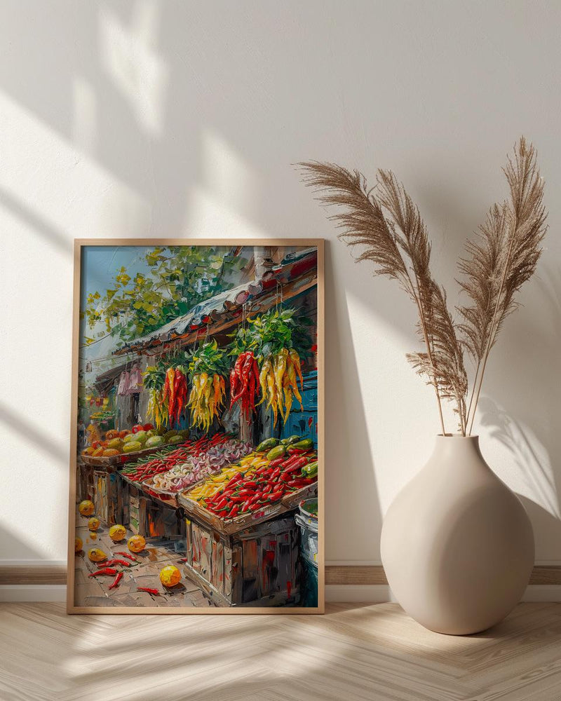 Lima Peru Market Art Print, Red Aji Pepper Decor - Vibrant Food Stall