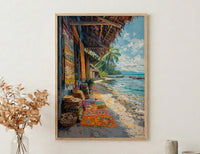 Tonga Craft Market Art Print, Traditional Tapa Home Decor - Woven Mat Town Summer Setting