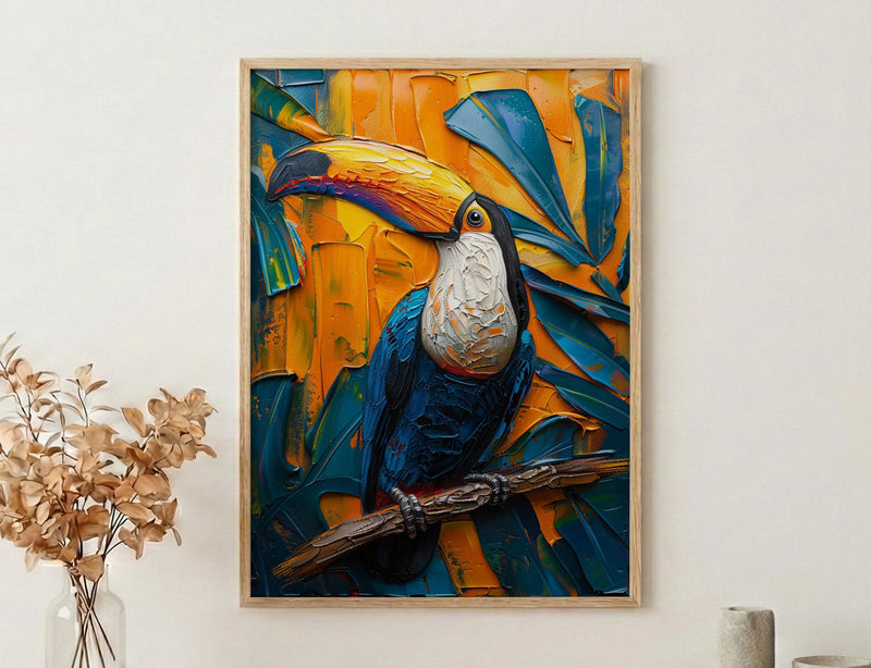 Tropical Toucan Bird Art Print, Exotic Jungle Decor - Vibrant Monstera Leaf Summer Scene