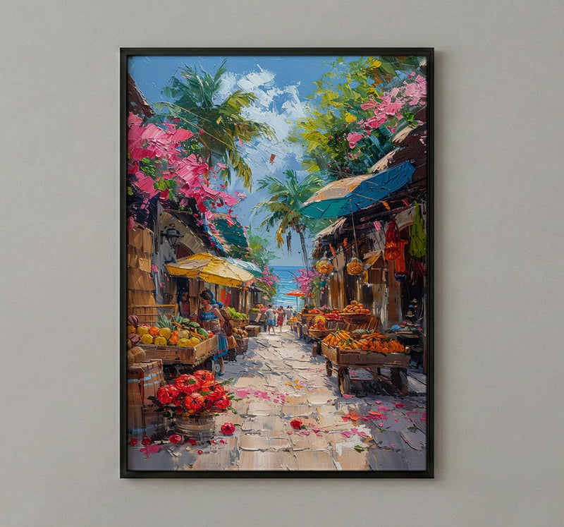 Costa Rica Market Art Print, Wooden Oxcart Decor - Artisan Summer