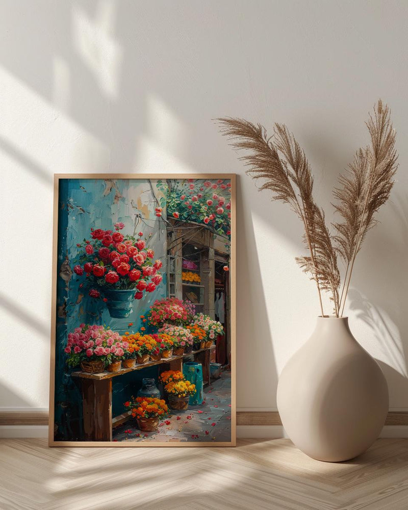 Mexico Flower Market, Red Rose Art Print - Orange Marigold Decor