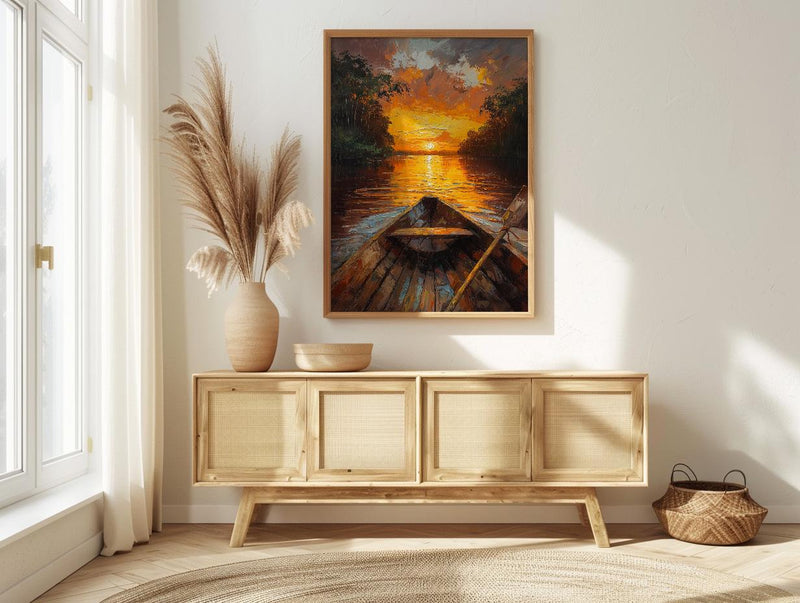 Amazon River Sunset Poster, Tropical Jungle Travel Decor - Glowing Orange Summer Water View